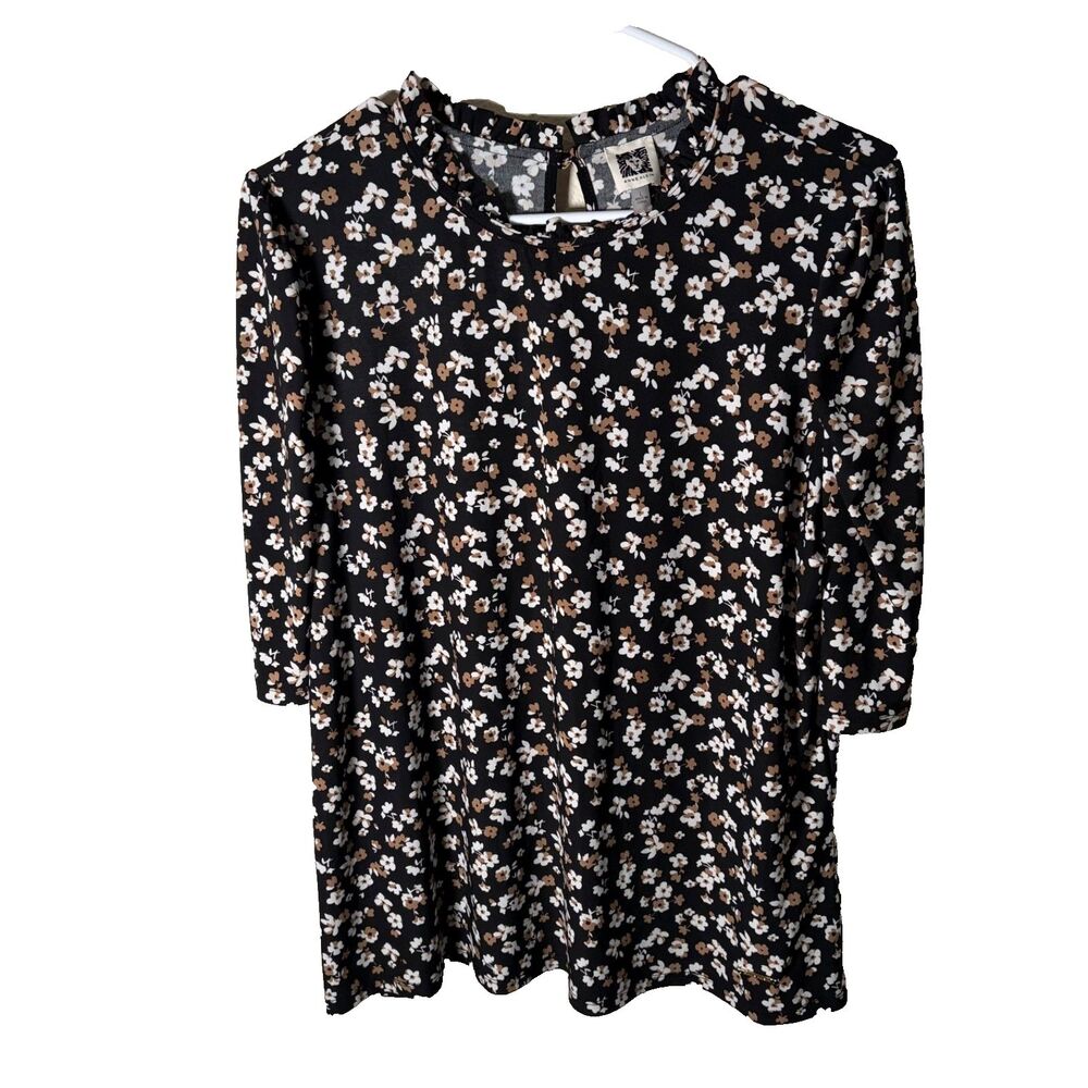 Anne Klein Blouse Women's Large Black Floral Short Sleeve Career Top Shirt